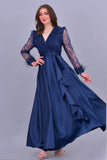 Long dress with sequined bodice and feathers, navy blue