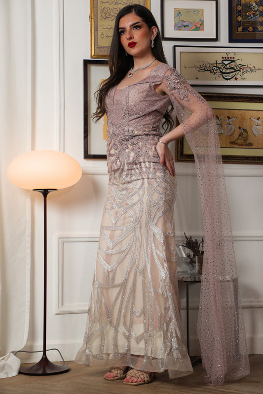 Embroidered evening dress with cape sleeves, pink color