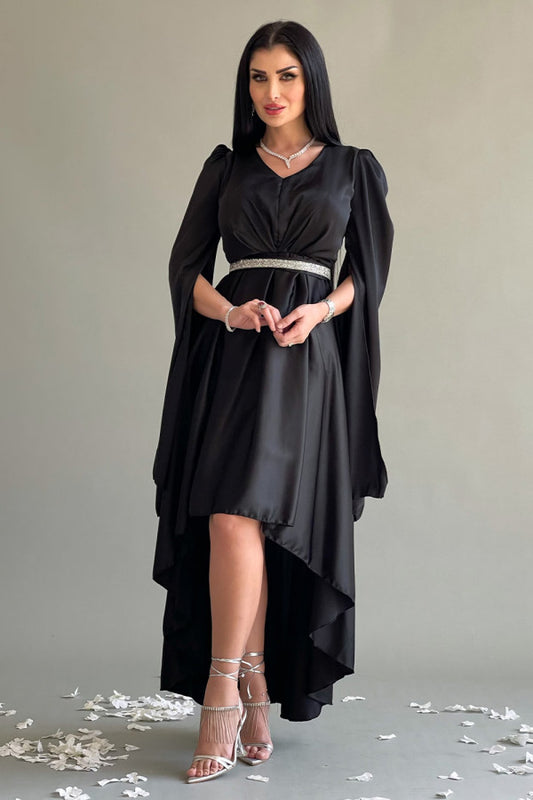 Black asymmetric dress with cape sleeves