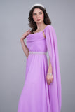 Soft evening dress with cape sleeves and an embroidered belt, lavender color