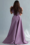 One-shoulder embroidered evening dress, mauve color