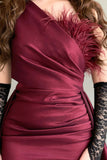 One-shoulder taffeta dress with train, burgundy