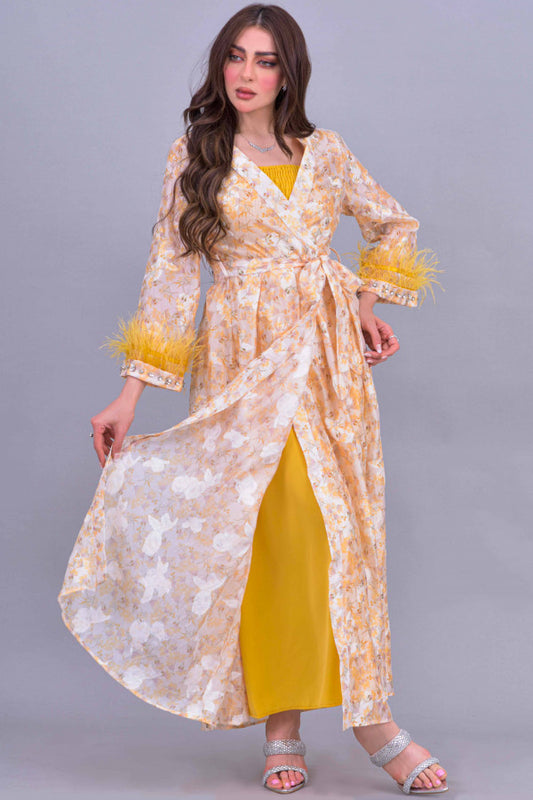 Two-piece dress with a floral coat, decorated with feathers and crystals, yellow