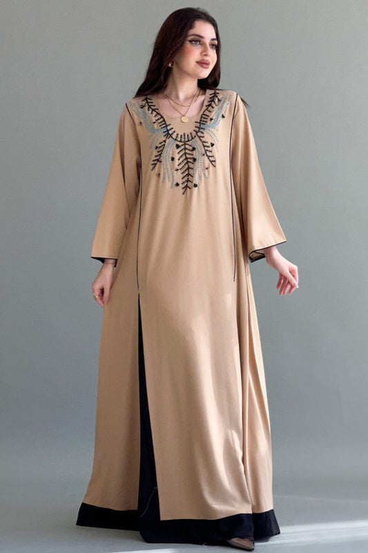 Jalabiya embroidered with sugar cut, beige color