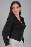 Contrasting short blouse with gold buttons, black color 