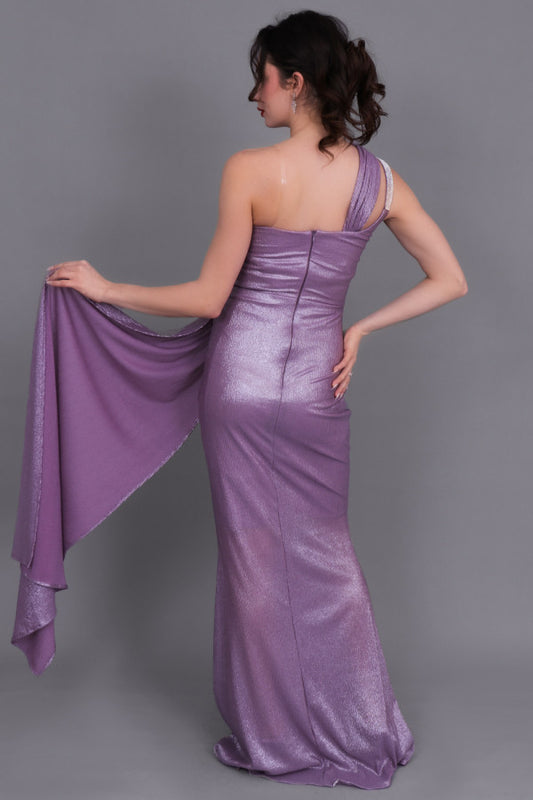 One-shoulder evening dress decorated with a crystal ribbon, mauve color