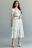 Green autumn leaf print dress