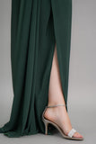 Green one-shoulder jersey evening dress embroidered with crystals