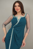 Maxi dress with tulle sleeves decorated with a turquoise crystal ribbon