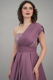 One-shoulder embroidered midi evening dress, mauve color