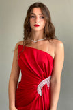 Red silk satin dress with crystals