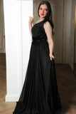 Evening dress with a pleated design on the chest, one shoulder, black color