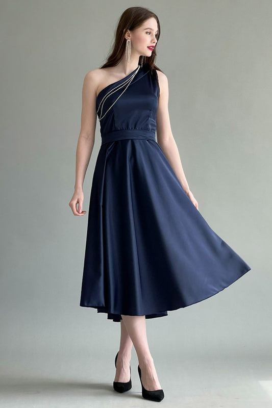 One-shoulder satin dress with crystal strap, navy blue