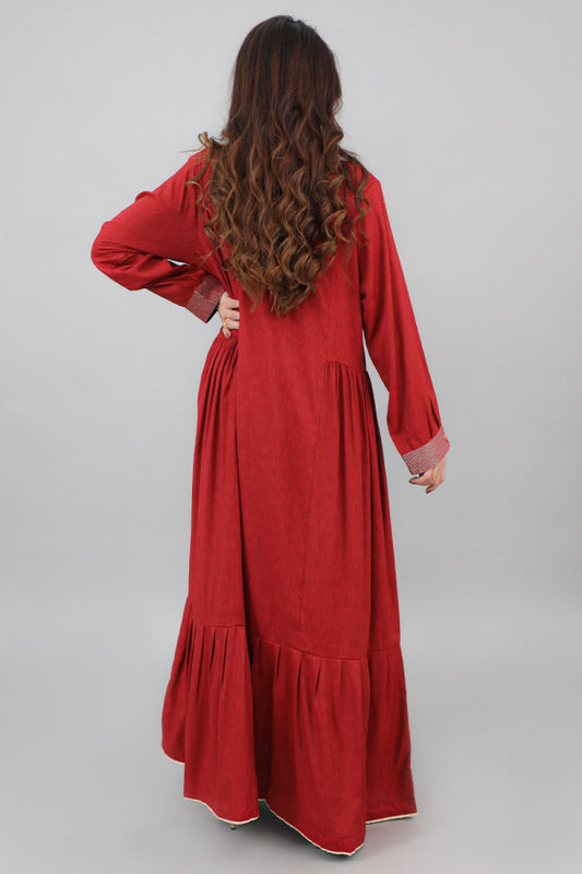 Jalabiya with golden embroidery and pleated design on the sides, Oud color