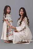 Girls' robe made of linen, embroidered with colorful patterns, beige 