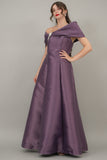 Mikado taffeta evening dress with bow sleeves, mauve color