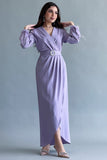 Wrap style dress with crystal embroidered sleeves, mauve color