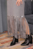 Winter dress decorated with frills and short sleeves, gray color 