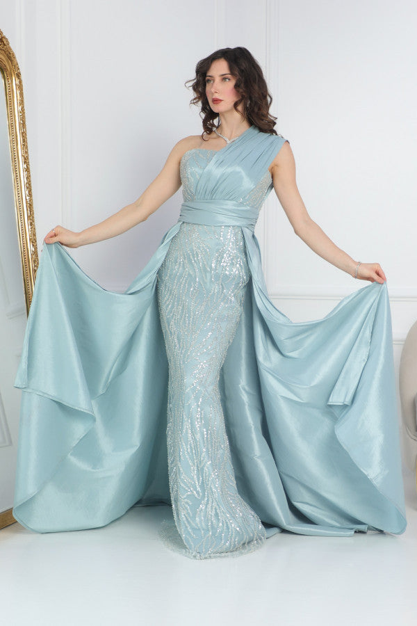 One shoulder embroidered evening dress in Tiffany color