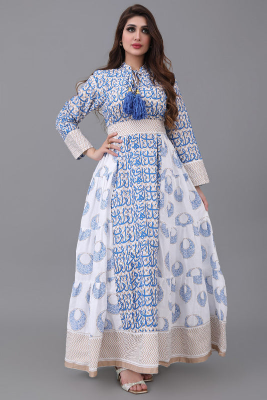 Jalabiya with cloche design and Islamic patterns, blue color 