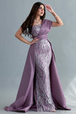 One-shoulder embroidered evening dress, mauve color