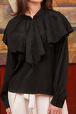 Crepe blouse with embroidered ruffle neck, black