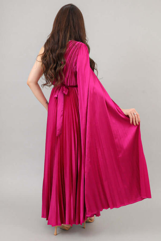 One-shoulder cape-sleeve plaid dress in fuchsia color