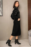 Draped velvet midi dress with shirt design, black 