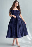 Evening dress with a cloche design and pleats on the chest, navy blue