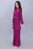 Layered dress with embroidered collar, mauve color