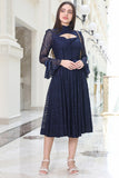 Lace midi dress with velvet belt, navy blue 