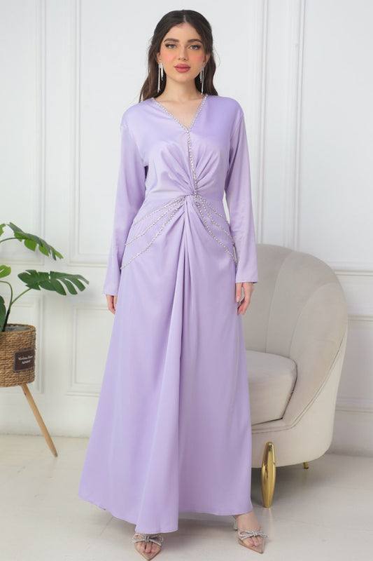 Lavender crystal embroidered satin maxi dress