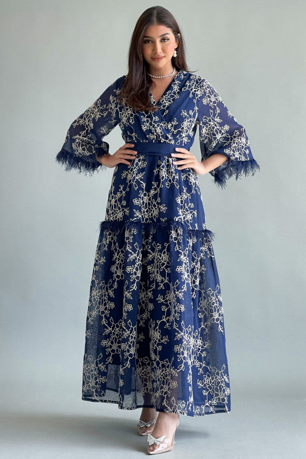 Navy embroidered maxi dress with feathers