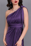 Purple one-shoulder satin Perkins evening dress