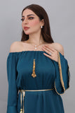 A soft oriental robe with ruffles sleeves decorated with golden crystals, turquoise colour