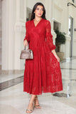 Floral lace midi dress with long sleeves, red 