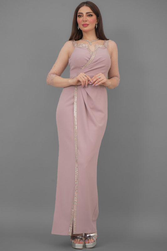 Pink maxi dress with tulle sleeves decorated with crystal ribbon