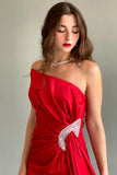 Red silk satin dress with crystals