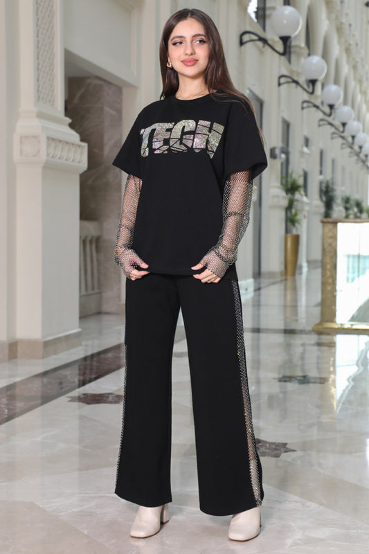 Black mesh-decorated pants and blouse set 