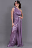 One-shoulder evening dress decorated with a crystal ribbon, mauve color