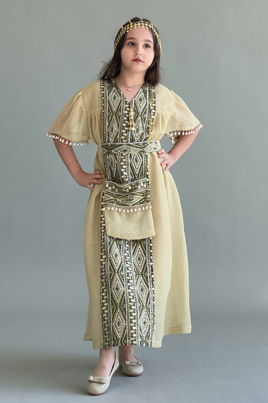 Kuwaiti girls' jalabiya with vertical embroidery and decorated with Lulu tassels, beige colour