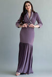 Pleated satin dress decorated with a crystal ribbon and mauve feathers