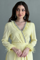 Yellow feather crystal crepe dress