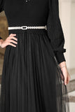 Midi dress with split design and belt at the waist, black 