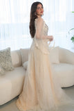 Long sleeve open evening dress, apricot colour