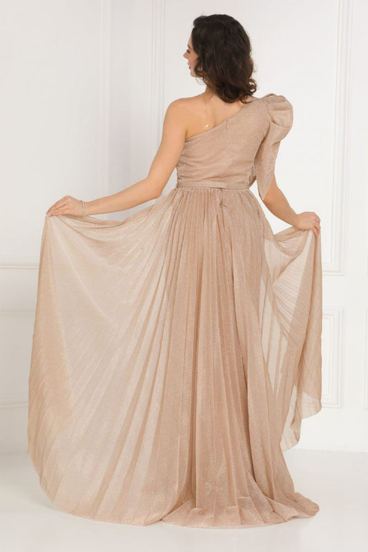 Beige one-shoulder shiny jersey dress