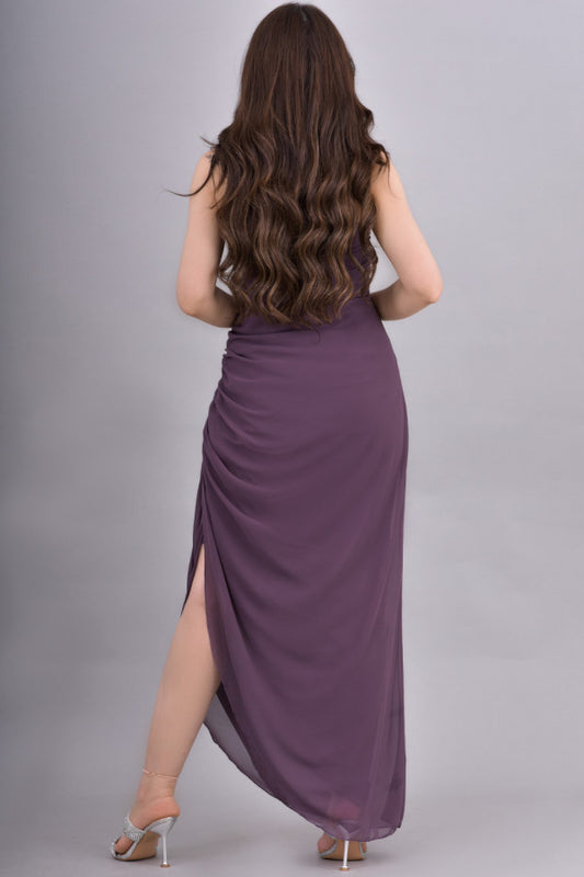 Draped chiffon dress with side slit, mauve color