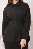 Black crepe shirt with belt at the waist