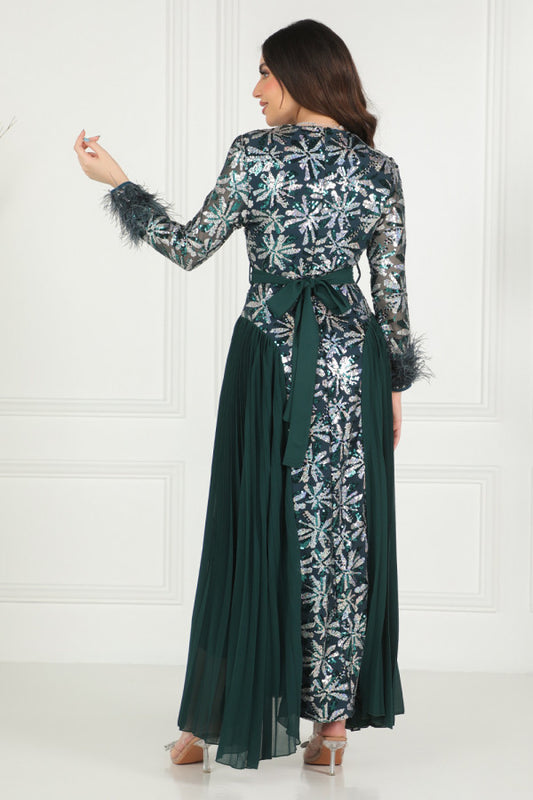 Green sequin embroidered plisse dress