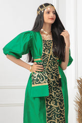 Girls' oriental galabiya, embroidered with puff sleeves, green 